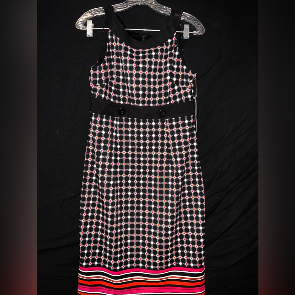 London Times Sheath Dress Sz 6 Womans Black Orange Geometric Sleeveless Stretch